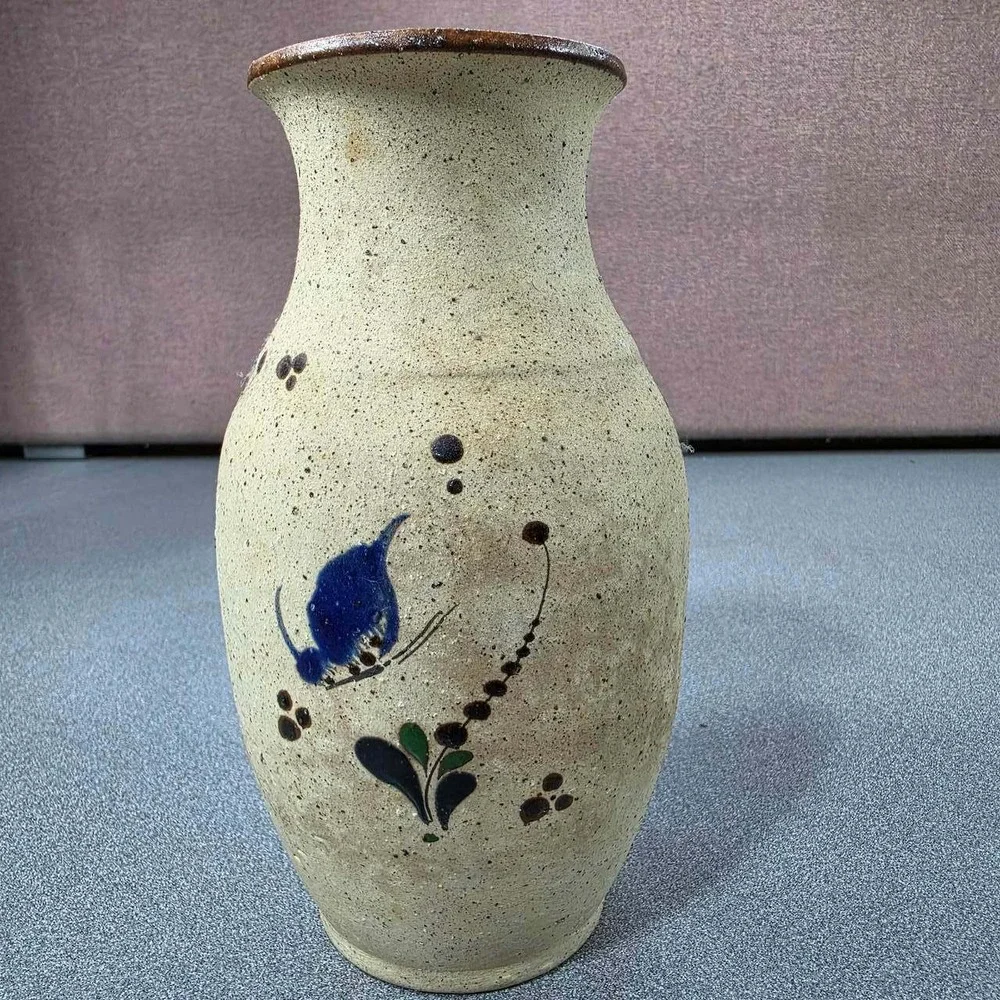 Ken Edwards Pottery Vase Tan Good Bird Floral Tonala Mexico